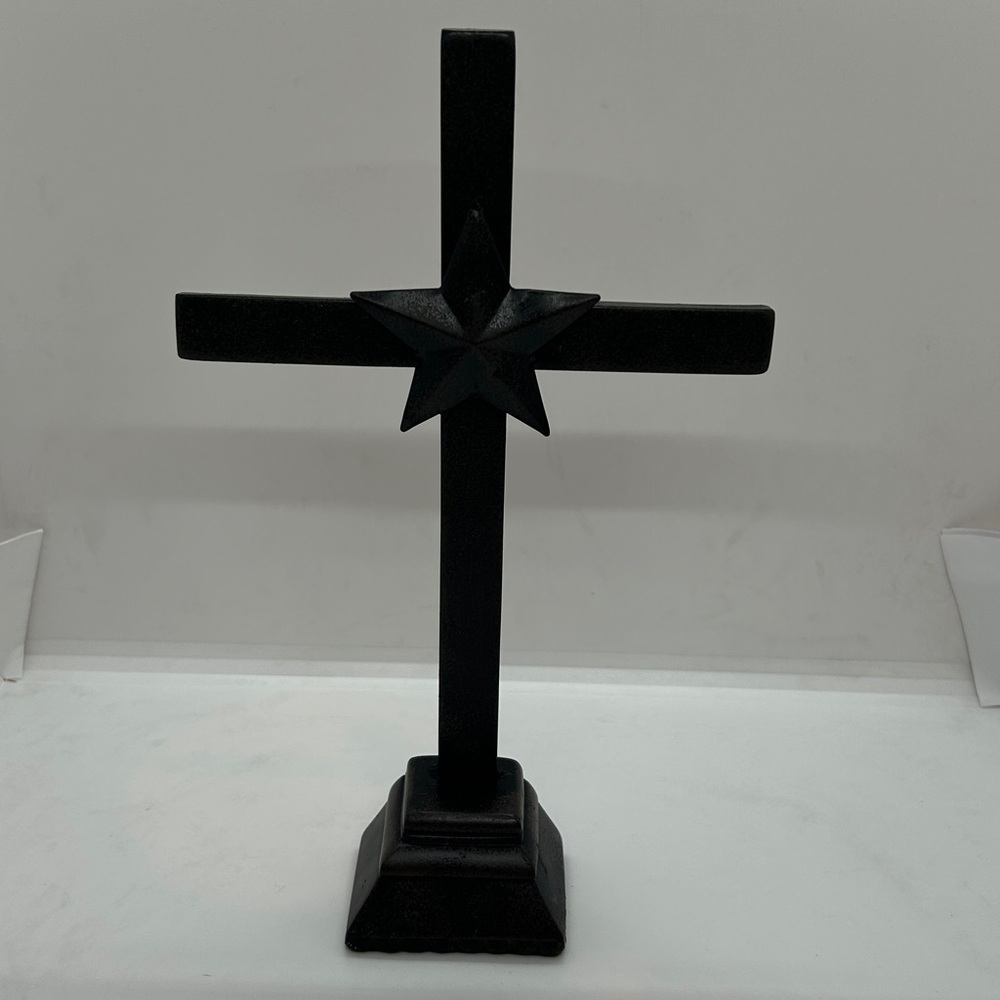 NEW Vintage Dark Brown Metal Crucifix Cross Star Wall Hang or Free Stand 10”